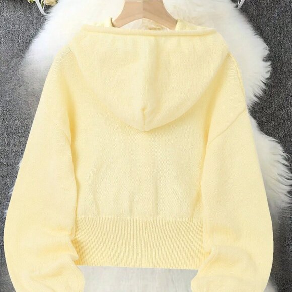 Yellow Casual Women's button down Long Sleeve Hooded Knit Cardigan - Picture 3 of 6